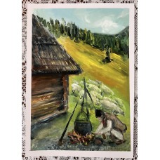 “Shepherd’s Lunch. Life in the Carpathians” – Original Carpathian Life Painting, Oil on Paper | Marina Stognieva